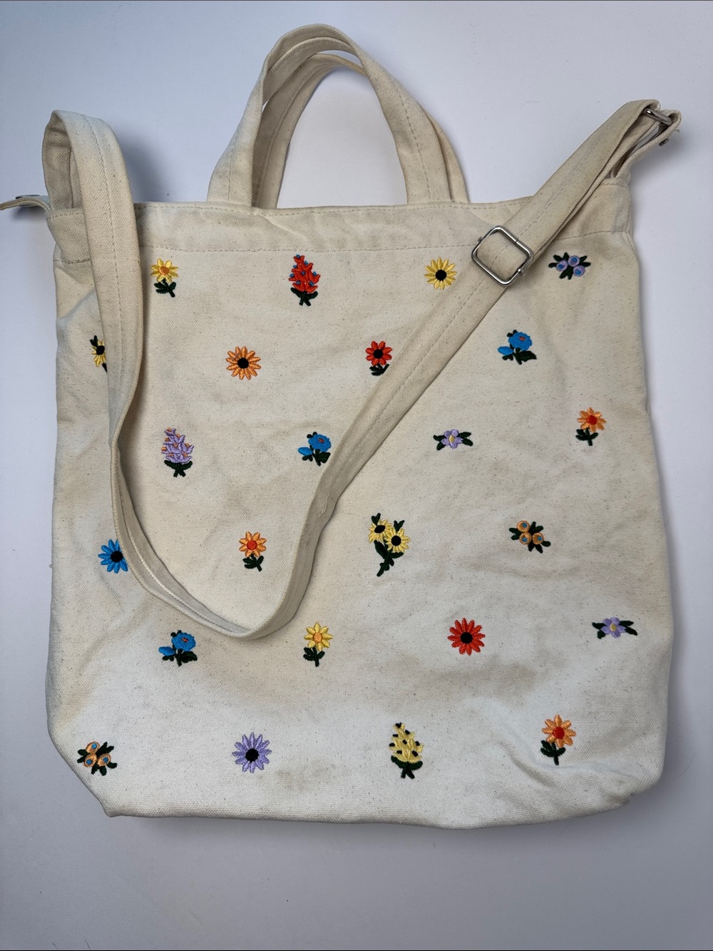 BAGGU Duck Bag Recycled Cotton Canvas Embroidered Ditsy Floral Tote Bag Cream